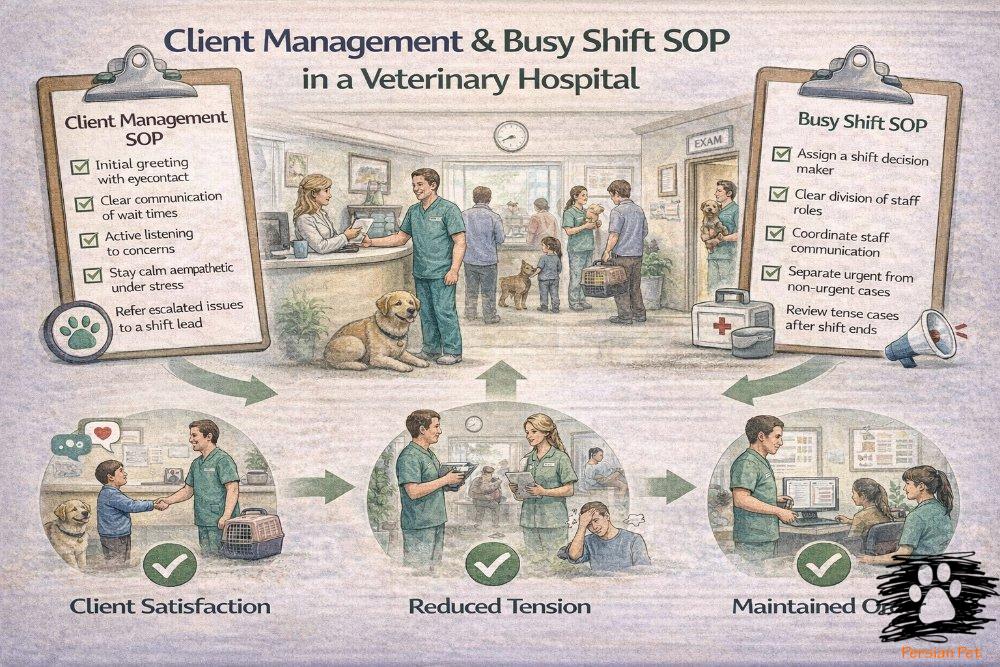 کلاینت منیجمنت و SOP مدیریت شیفت شلوغ در بیمارستان دامپزشکی