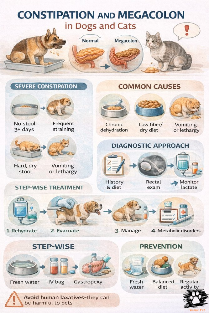 یبوست و مگاکولون در سگ و گربه | تشخیص و درمان تخصصی