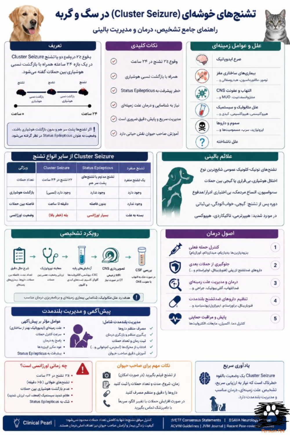 تشنج‌های خوشه‌ای (Cluster Seizure) در سگ و گربه | تشخیص، درمان، پیش‌آگهی و جدیدترین شواهد علمی