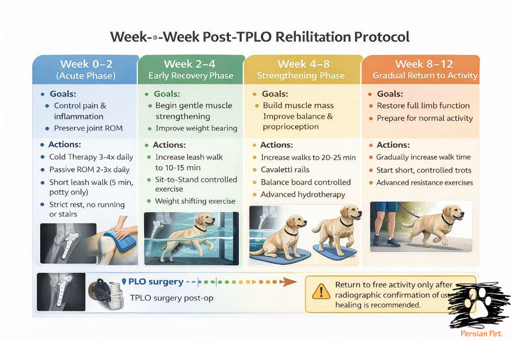 فیزیوتراپی بعد از TPLO؛ پروتکل هفته‌به‌هفته