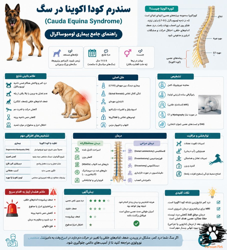 Cauda Equina Syndrome در سگ | علائم، MRI، درمان و پیش‌آگهی بیماری لومبوساکرال