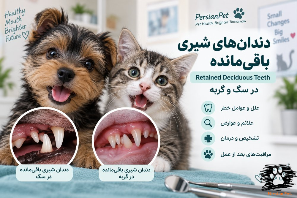 دندان‌های شیری باقی‌مانده در سگ و گربه | علل، علائم، عوارض، تشخیص و درمان