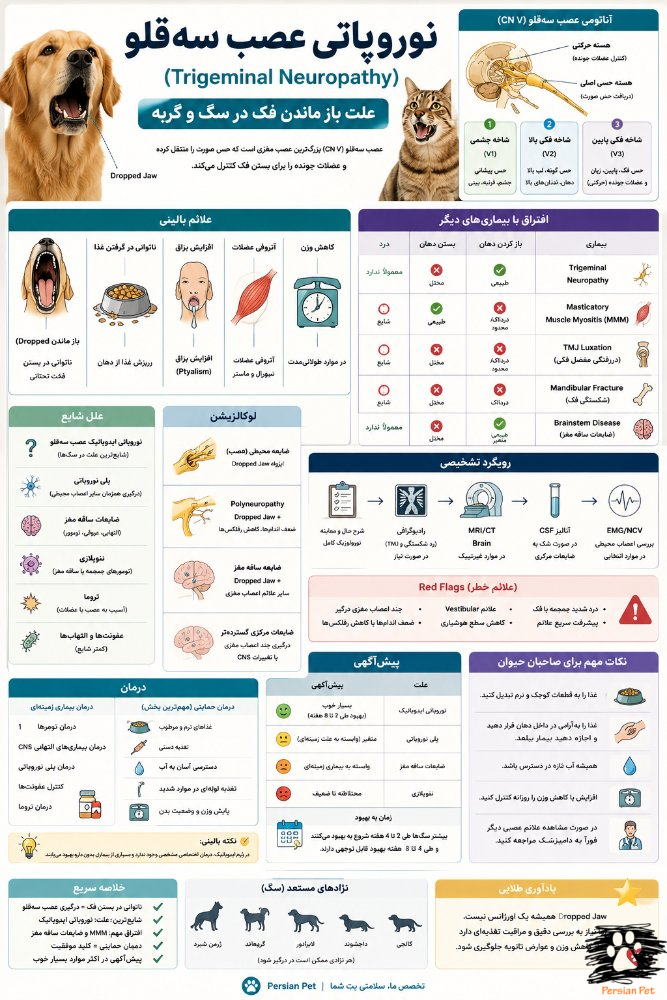 Trigeminal Neuropathy در سگ و گربه | علت باز ماندن فک، تشخیص و درمان