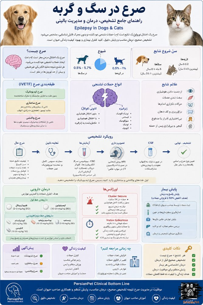 صرع در سگ و گربه | تشخیص، درمان، داروها و مدیریت بالینی (راهنمای جامع دامپزشکی)